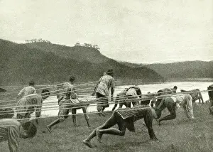 Yang: Men pulling a boat through rapids, China, East Asia