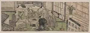 Shamisen: Five men relaxing around a hibachi