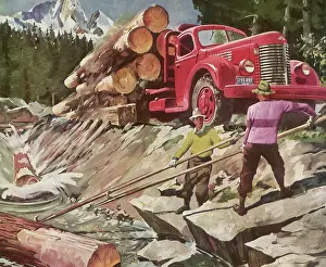 Logs: Men retrieving Logs from River