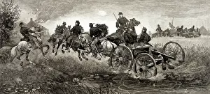 Towed: Men riding on a caisson towing a small cannon