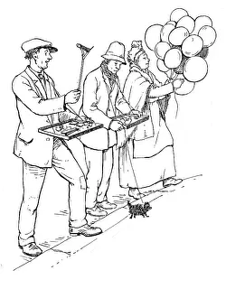 Trays: Two men with sample trays and a dog