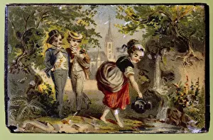 Laminated: men, two smoking cavaliers watching a girl at