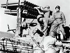 T 34: Men Soldiers Loading T-34 Rocket Launcher Mounted
