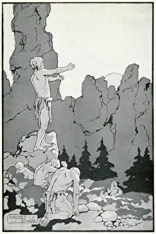 Worshipping: Men of the Stone Age worshipping the sun