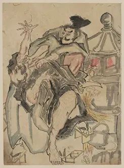 Upsetting: Two men struggling next to a stone lantern, upsetting a teap