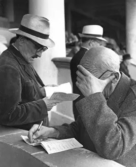 Wrinkled: Men studying horseracing programme, Moscow racecourse