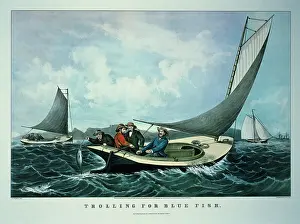 Hooking: Four men trolling (trawling) for blue fish