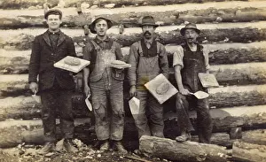 Shabby: Four men with trowels and cement on boards, USA
