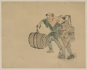 Handled: Two men walking, one carrying a shoulder pole with barrel-li