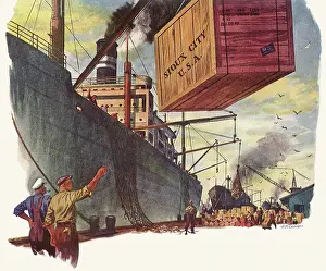Lowered: Men watch Crate being Lowered from Ship onto Harbor