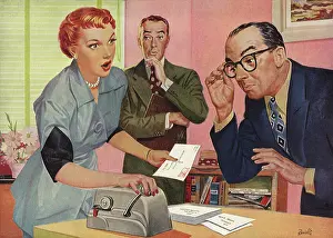 Cowfamily: Men watch Woman operate Postage Meter