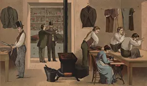 Handwork: Men and a woman working in a tailor shop, ?