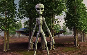 Spooky: A menacaing grey alien and its spacecraft in a wooded area