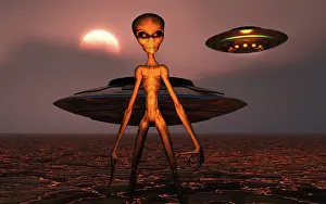 Spooky: A menacing looking grey alien exploring a young