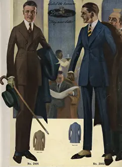 Woolens: Men's two-button, single-breasted suits in sack, 1920s