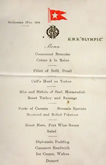 Patricia Aubrey: Menu card, RMS Olympic, White Star Line, WW1