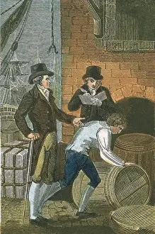 Dockside: Merchant and his clerk at the dockside checking