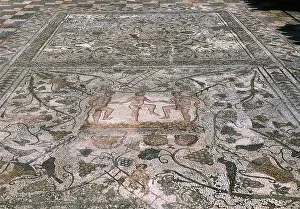 Amphitheatre: Merida, Badajoz Province, Spain. Mosaic of men treading grap