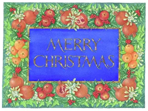 Pomegranates: Merry Christmas with apples, oranges, holly etc