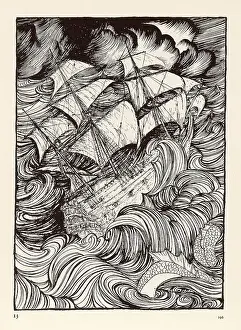 Message found in a bottle. Ship in a storm