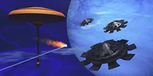 Spaceport: A meteor flys past a space station as three flying saucers ?