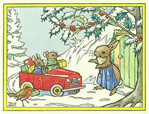 Two mice arrive at a rabbits house by car