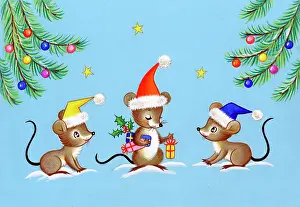 Adair: Three mice with Christmas presents and Christmas trees