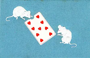 Nibbling: Two mice eating a playing card on a postcard