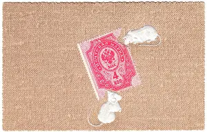 Nibbling: Two mice eating a Russian stamp on a postcard