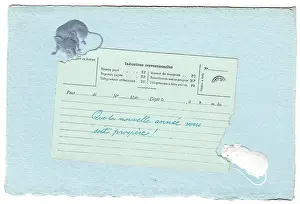 Nibbling: Two mice eating a telegram on a New Year postcard