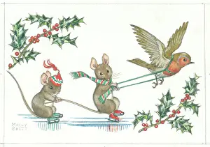 Two mice ice skating pulled along by flying robin