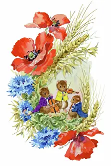 Cornflowers: Mice musicians with poppies and cornflowers