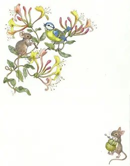 Instuments: Two mice playing instuments to blue tit