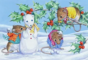 Snowballs: Mice playing snowballs, with snowmouse