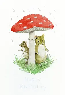 Sheltering: Two Mice sheltering under Toadstool