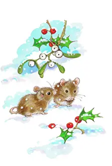 Matthes: Two mice in snow with holly and mistletoe