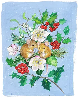 Matthes: Two mice on spray of Christmas roses etc