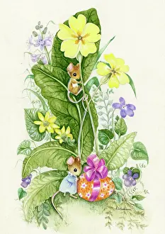 Violets: Mice with spring flowers and Easter egg