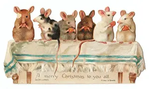 Nibbling: Six mice on a table on a cutout Christmas card