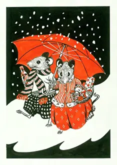 Cute Christmas: Two mice under an umbrella with snow falling