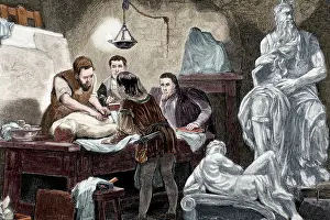 Speak: Michelangelo explaining anatomy to his disciples. Engraving