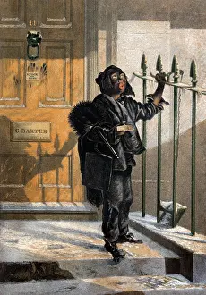 Railings: Mid-Victorian boy chimneysweep ringing doorbell