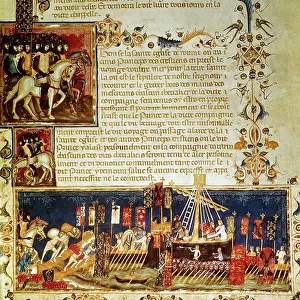 Departures: Middle Ages, crusades, crusaders embarking, miniature