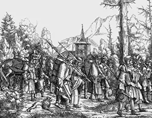 Triumphs: middle ages, people from the baggage train, woodcut