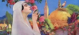 Smelling: A middle eastern princess smelling roses in a garden