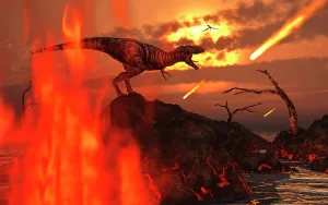 Blazing: A mighty T Rex roars as fireballs fall from the sky