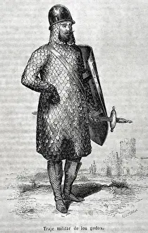 Visigoth: Military costume of the Goths. Engraving by Coderch