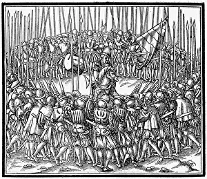 Pikemen: military, Landsknechts, assemby, woodcut, Kriegsbuch