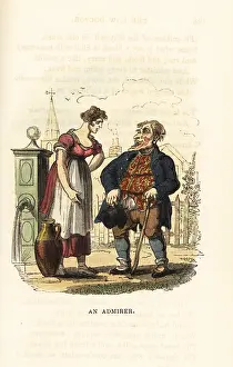 Rudolph Ackermann: A milkmaid rejects a rustic admirer at the village pump