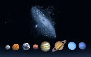 Saturn: The milky way spiral galaxy & our solar system of planets
